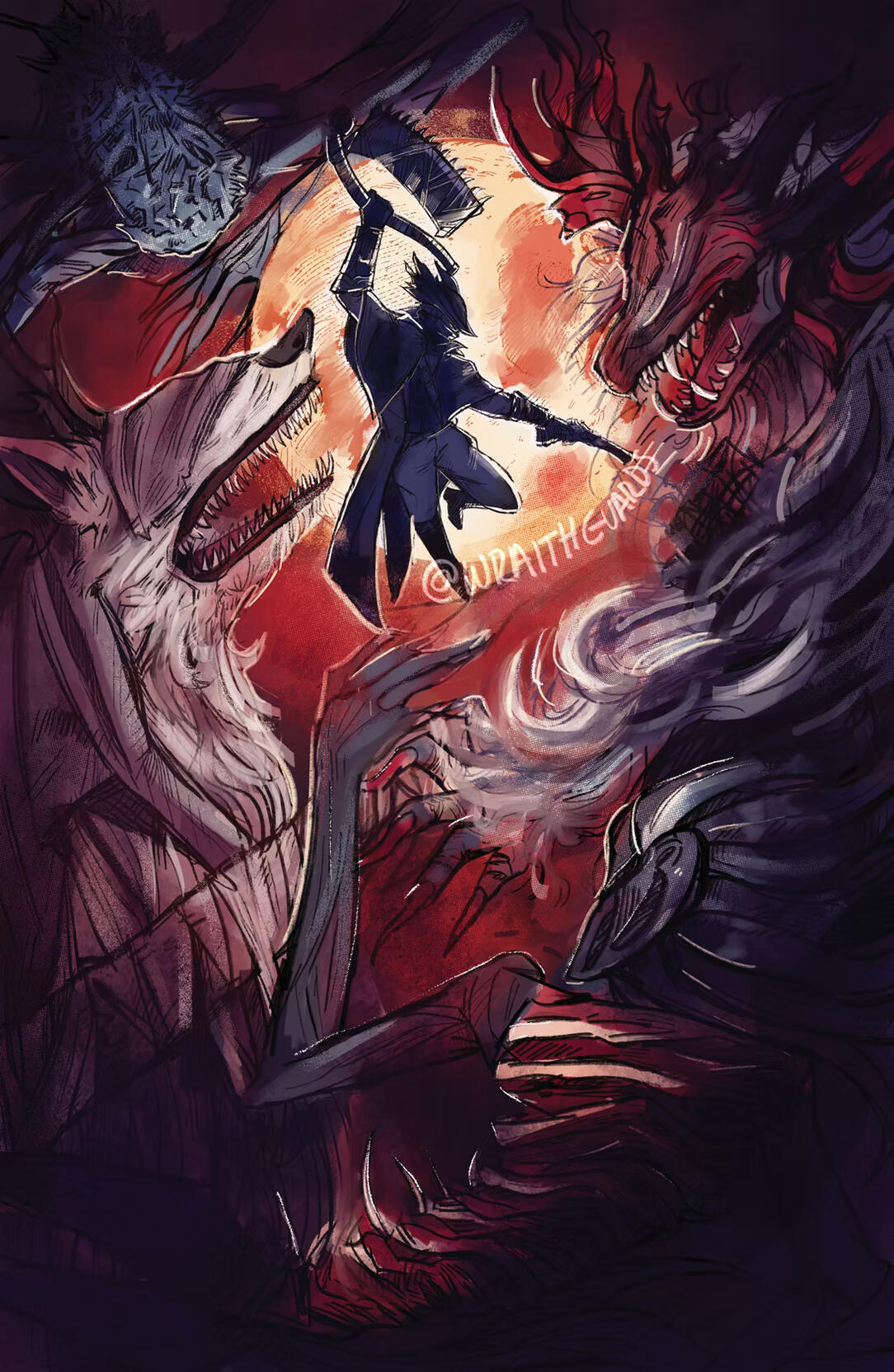 Night of the Hunt - digital illustration, Procreate, December 2022, inspired by "Bloodborne" by Fromsoftware, featured in Guzu Gallery's "High Scores 3"